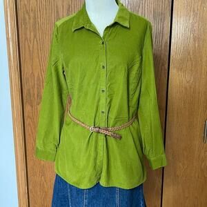 J. Jill Lime Green Corduroy Ruffle Button Up Shirt Size L